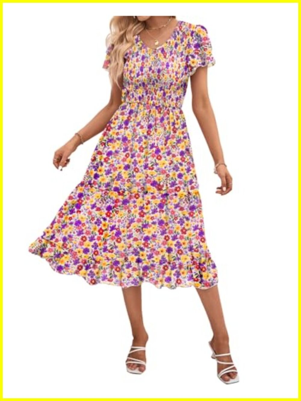 Chiffon Floral Smocked Midi Dress V-Neck Ruffled Sleeves
